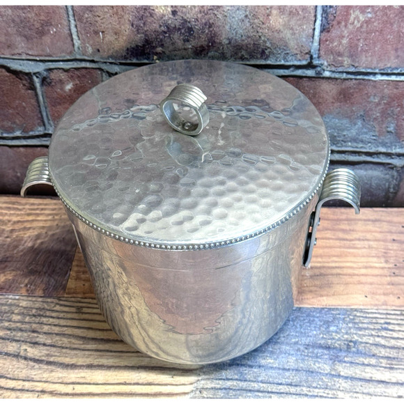 BW Buenilum Hammered Aluminum Ice Bucket 2 Handle Champagne Wine Holder Lid‎ MCM - Picture 2 of 9